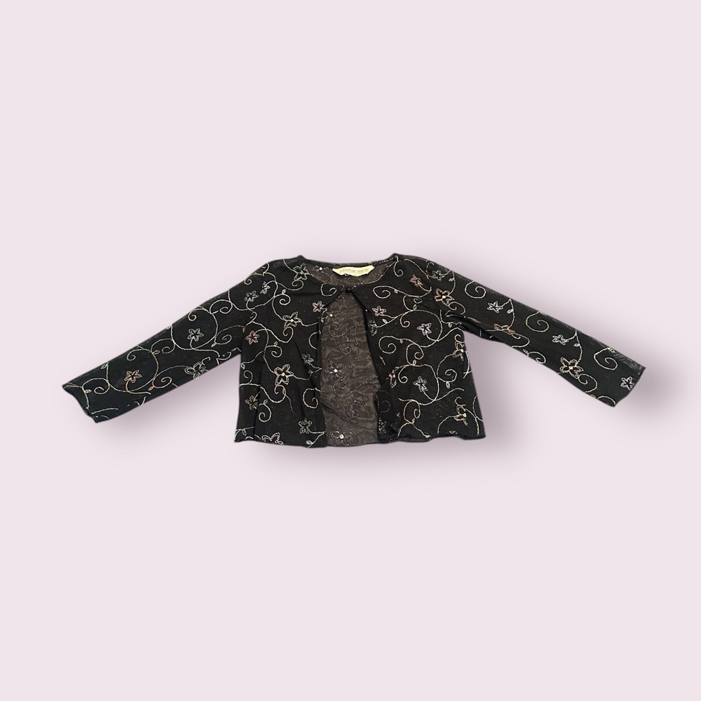 Vintage Girls Elegant Sheer Black Embroidered Cardigan Floral Embroidery